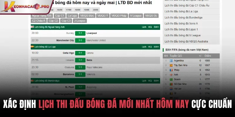 Lịch thi đấu bóng đá mới nhất hôm nay